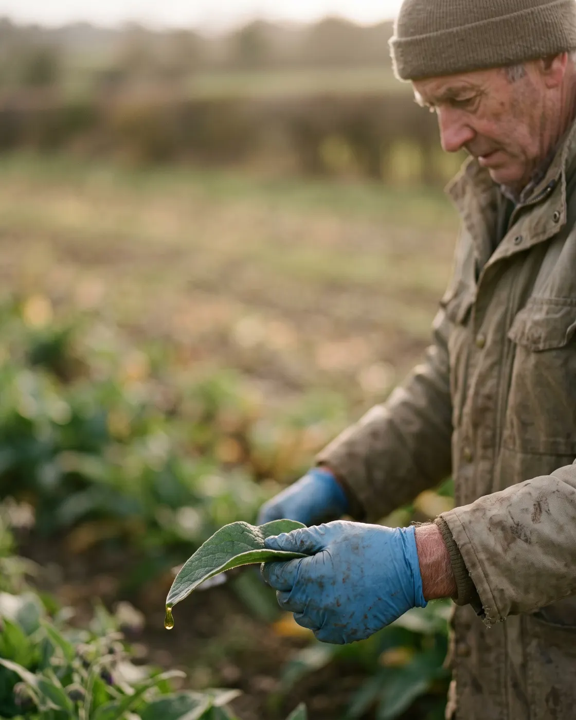 Técnico inspeccionando un cultivo hortícola tratado con extracto de Ulva