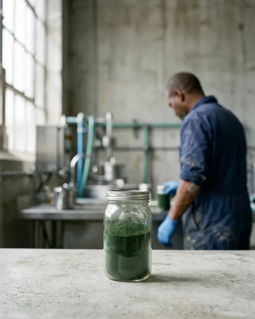 Tarro con alga ulva en polvo