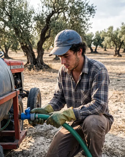 Aplicación de bioestimulante de alga ulva en olivar desde depósito sobre tractor