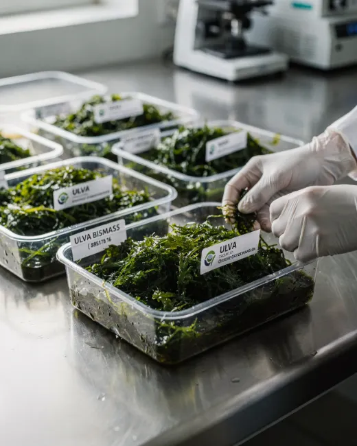 Técnico con guantes revisando envases de biomasa de alga ulva en control de calidad