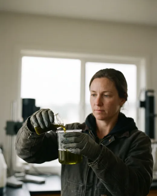 Investigadora vertiendo extracto oleoso de alga ulva en un vaso de precipitados