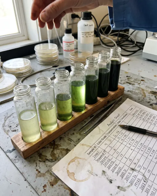 Gradilla de viales con extracto de alga ulva y notas de análisis en el laboratorio
