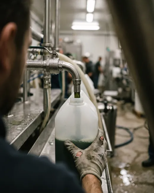 Línea de envasado llenando garrafas de producto líquido de alga ulva