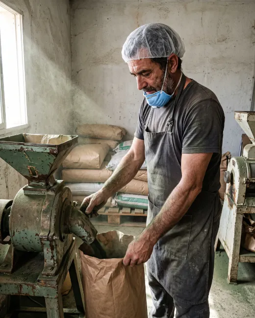 Operario moliendo y envasando alga ulva seca en la planta de producción